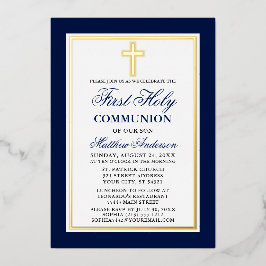 Elegantes Blue First Holy Communion Cross Gold Folieneinladung