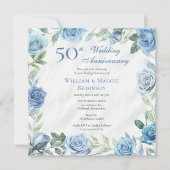 Elegantes Blue Floral 50. Hochzeitstag Party Einladung (Vorderseite)