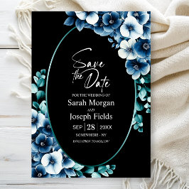 Elegantes Blue Floral Black Oval Save the Date Einladung