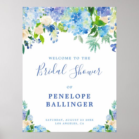 Elegantes Blue Floral Brautparty Begrüßungszeichen Poster (Vorne)