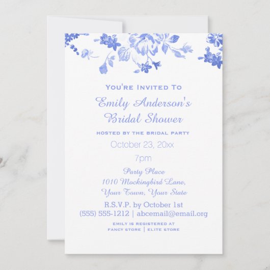 Elegantes Blue Floral Brautparty Einladung (Vorderseite)