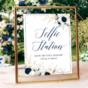 Elegantes Blue Floral Brautparty Foto Signatur Poster