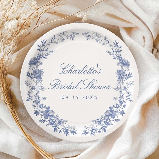 Elegantes Blue Floral Brautparty Pappteller