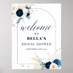 Elegantes Blue Floral Brautparty Willkommenspender Poster