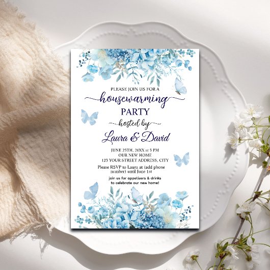 Elegantes Blue Floral Butterflies Housewarming Par Einladung