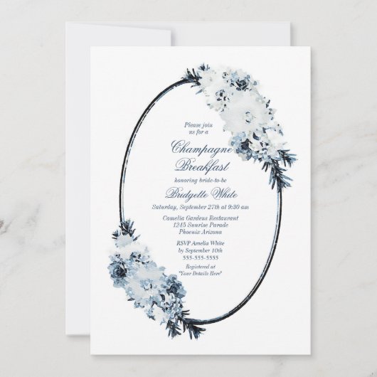 Elegantes Blue Floral Champagne Frühstück Einladung (Vorderseite)