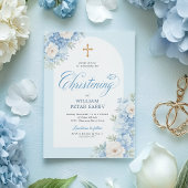 Elegantes Blue Floral Christening Einladung mit Cr