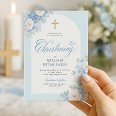 Elegantes Blue Floral Christening Einladung mit Cr