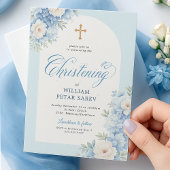 Elegantes Blue Floral Christening Einladung mit Cr