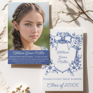 Elegantes Blue Floral Coquette Abschluss Foto Einladung