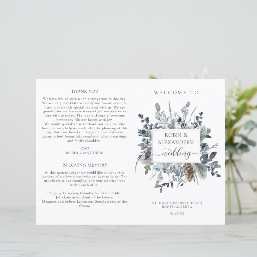 Elegantes Blue Floral, Folded Wedding Programm (Stehend Vorderseite)