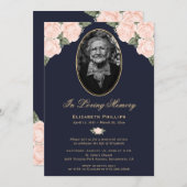 Elegantes Blue Floral Foto Beerdigung Gedenkverans Einladung (Vorne/Hinten)