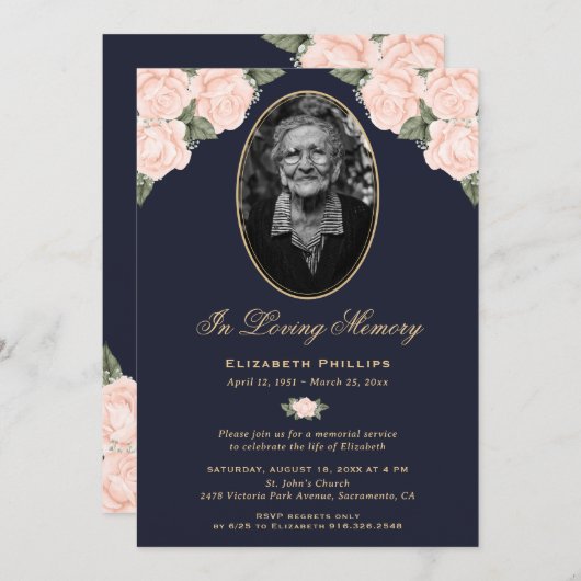 Elegantes Blue Floral Foto Beerdigung Gedenkverans Einladung (Vorne/Hinten)