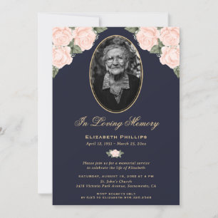 Elegantes Blue Floral Foto Beerdigung Gedenkverans Einladung