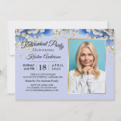 Elegantes Blue Floral Foto Retirement Party Einladung (Vorderseite)