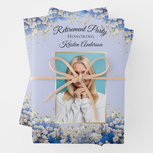 Elegantes Blue Floral Foto Retirement Party Geschenkpapier Set (Beispiel)