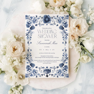 Elegantes Blue Floral Frame Brautparty Einladung