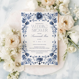 Elegantes Blue Floral Frame Brautparty Einladung
