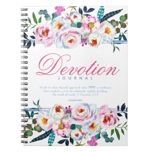 Elegantes Blue Floral Named Devotion Journal Notizblock (Vorderseite)