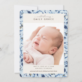 Elegantes Blue Floral Print Foto Geburtserklärung Einladung