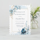 Elegantes Blue Floral Retirement Party Einladung (Stehend Vorderseite)