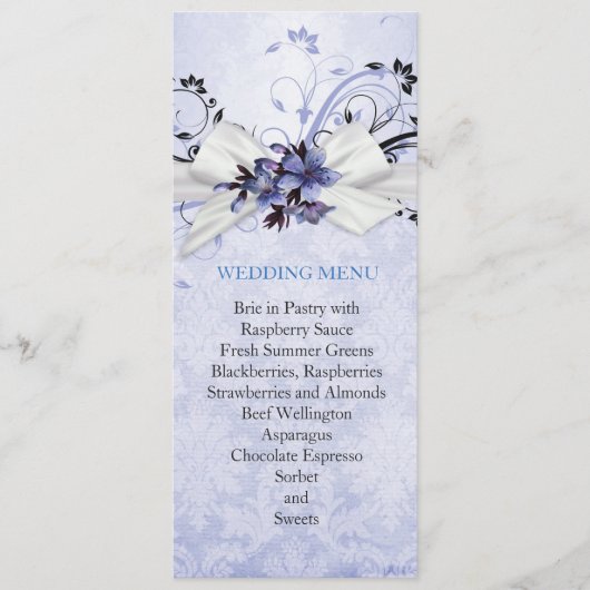 Elegantes Blue Floral Ribbon Damask Wedding Menu Menükarte (Vorderseite)