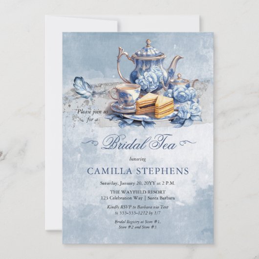 Elegantes Blue Floral TeaSet Bridal Teezeremonie P Einladung (Vorderseite)