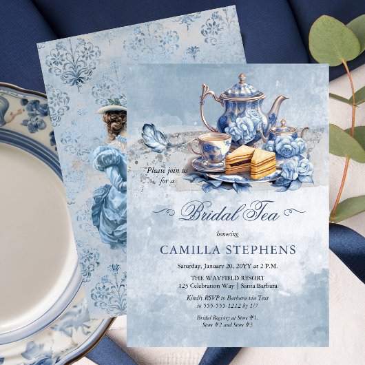 Elegantes Blue Floral TeaSet Bridal Teezeremonie P Einladung