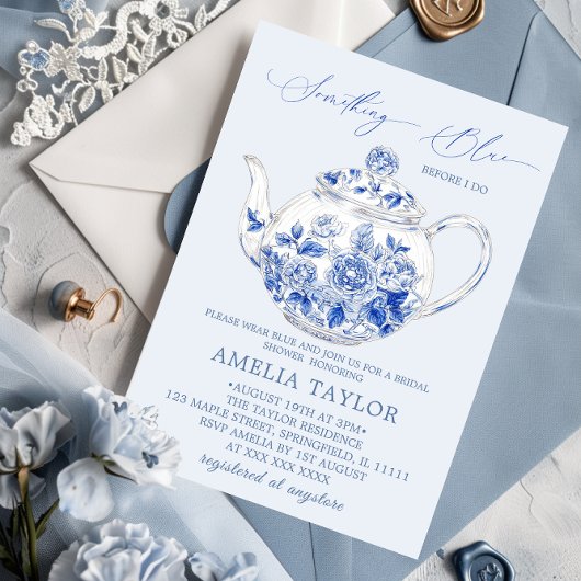 Elegantes Blue Floral Toile Brautparty Einladung