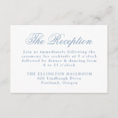 Elegantes Blue Floral Wappen Hochzeitsempfang Begleitkarte (Vorderseite)