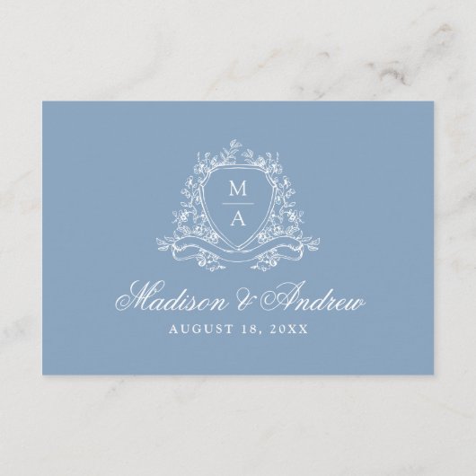 Elegantes Blue Floral Wappen Hochzeitsempfang Begleitkarte (Rückseite)