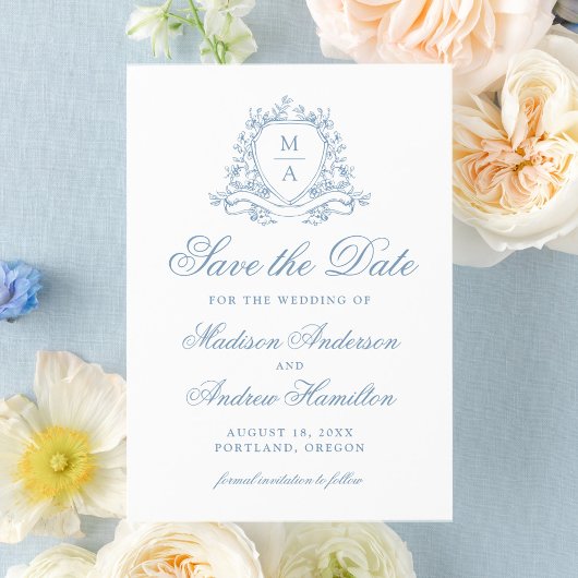 Elegantes Blue Floral Wappen Monogram Foto Hochzei Save The Date