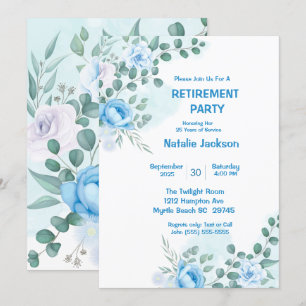 Elegantes Blue Floral Watercolor Retirement Party Einladung