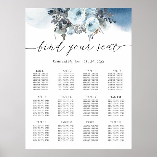 Elegantes Blue Floral Wedding Chart Sign Poster (Vorne)