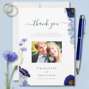 Elegantes Blue Floral Wedding Foto Dankeschön Card Dankeskarte