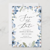 Elegantes Blue Floral Wedding Foto Save the Date Einladung (Vorderseite)