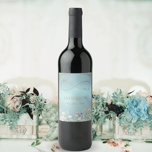 Elegantes Blue Floral Wedding Wine Label Weinetikett