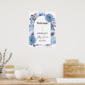 Elegantes Blue Floral Welcome Baby Duschzeichen Poster (Küche)