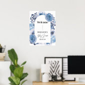 Elegantes Blue Floral Welcome Baby Duschzeichen Poster (Heimbüro)