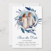 Elegantes Blue Floral Wreath Foto Save the Date (Vorderseite)