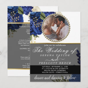 Elegantes Blue Flowers Foto Hochzeit Einladung