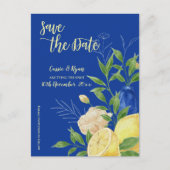 Elegantes Blue Flowers & Lemon Theme Save the Date Postkarte (Vorderseite)