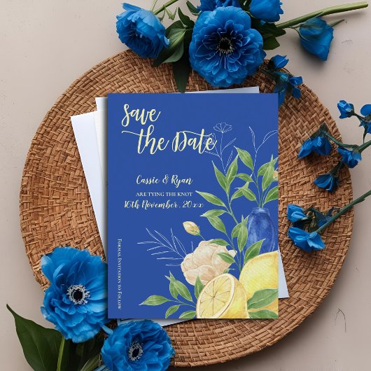 Elegantes Blue Flowers & Lemon Theme Save the Date Postkarte
