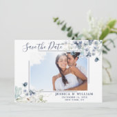 Elegantes Blue Foliage FOTO Hochzeit Speichern Sie Save The Date (Stehend Vorderseite)