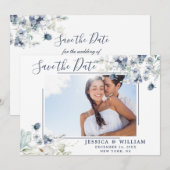 Elegantes Blue Foliage FOTO Hochzeit Speichern Sie Save The Date (Vorne/Hinten)