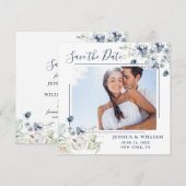 Elegantes Blue Foliage FOTO Hochzeit Speichern Sie Save The Date (Vorne/Hinten)