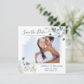 Elegantes Blue Foliage FOTO Hochzeit Speichern Sie Save The Date (Stehend Vorderseite)