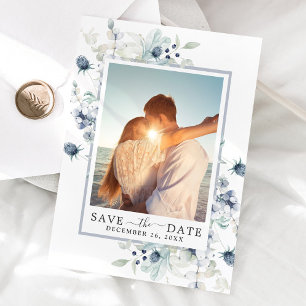 Elegantes Blue Foliage FOTO Hochzeit Speichern Sie Save The Date