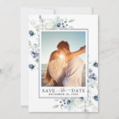 Elegantes Blue Foliage FOTO Hochzeit Speichern Sie Save The Date (Vorderseite)