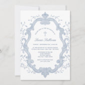 Elegantes Blue Foliage Wappen Taufe Einladung (Vorderseite)